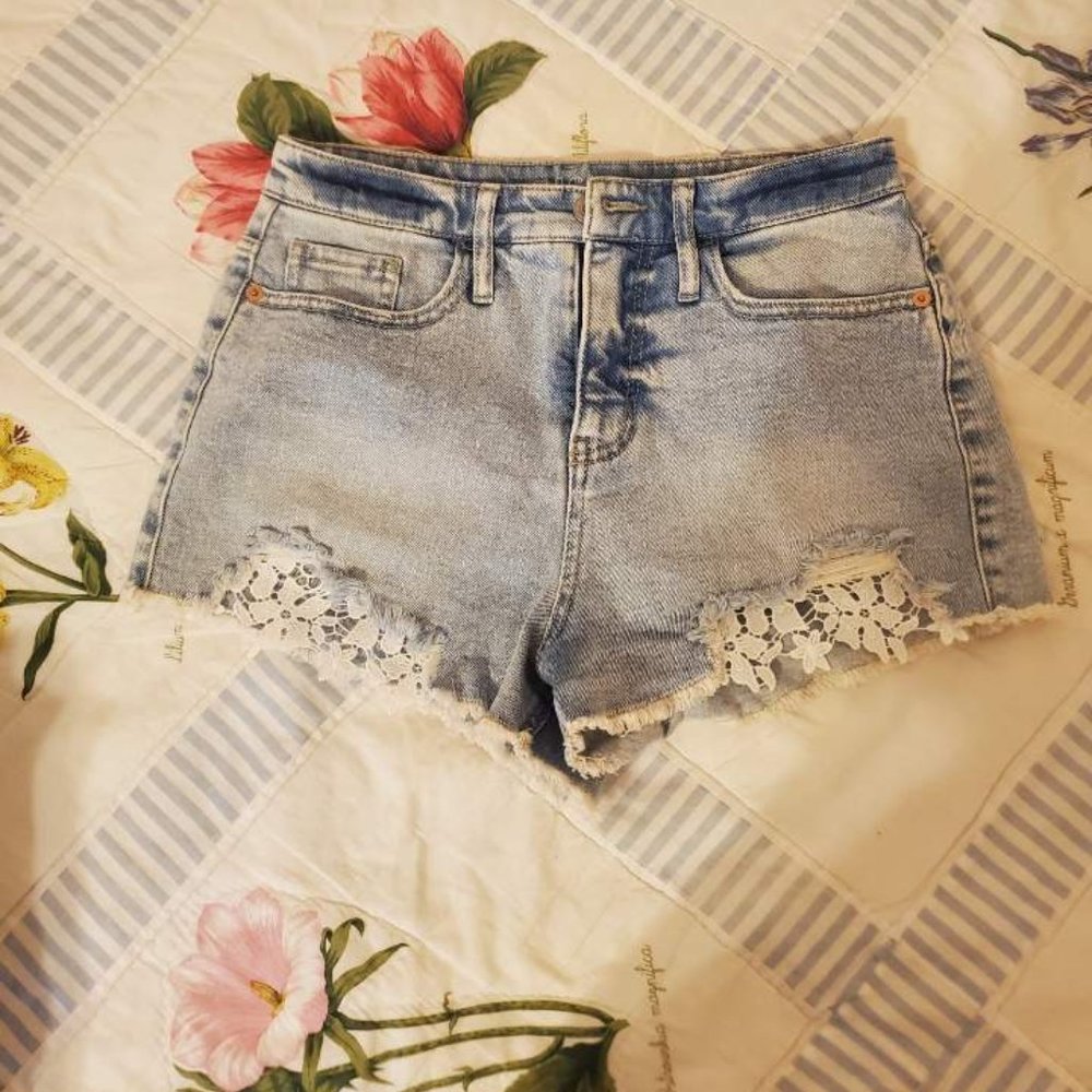 High Cut Denim Shorts with Lace Detailing